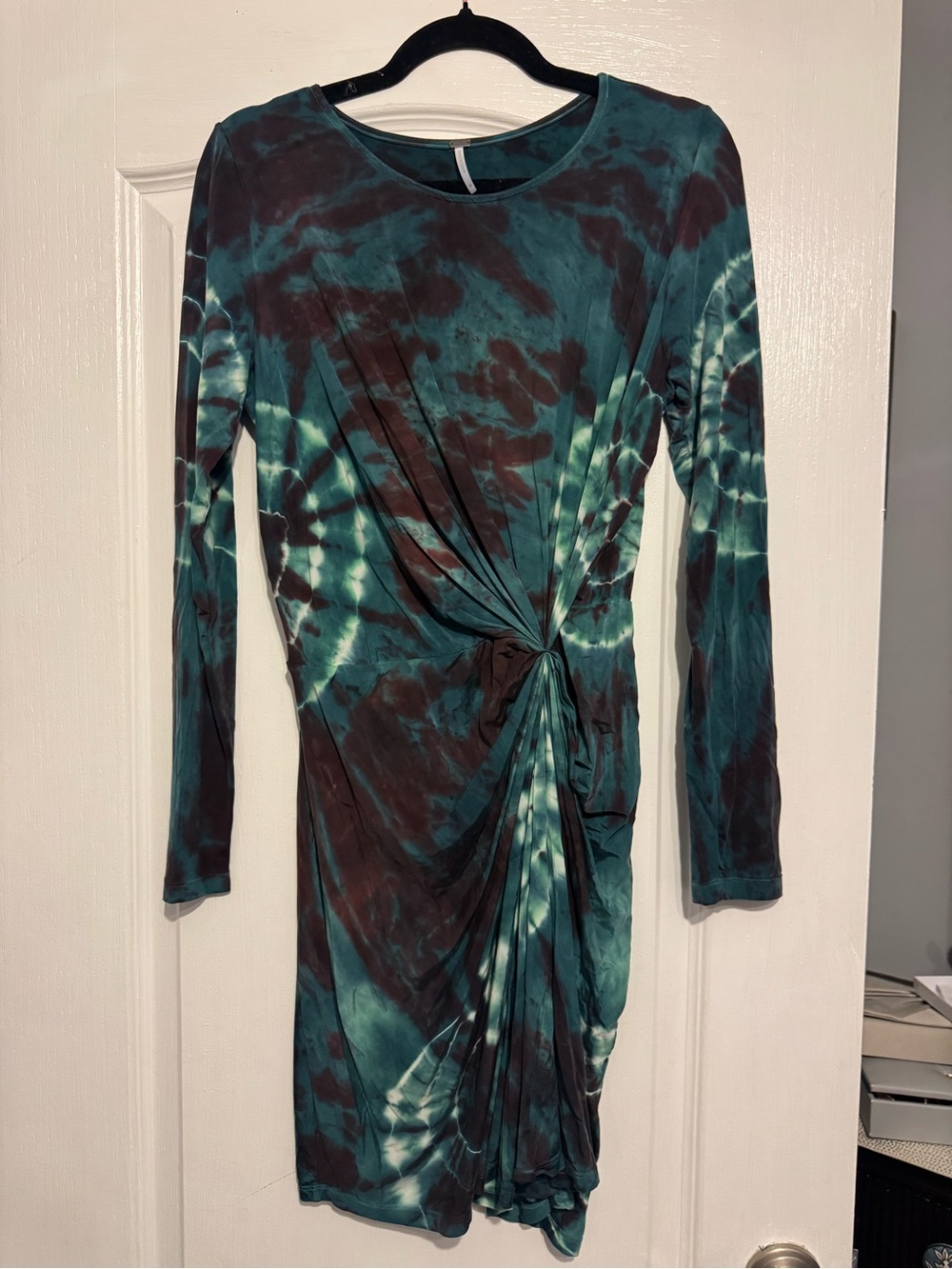 YFB Tie-Dye Knot-Front Long Sleeve Dress in Teal and Brown